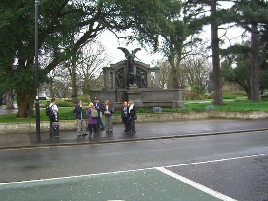 Group of listeners in front of Titanic engineer's memorial